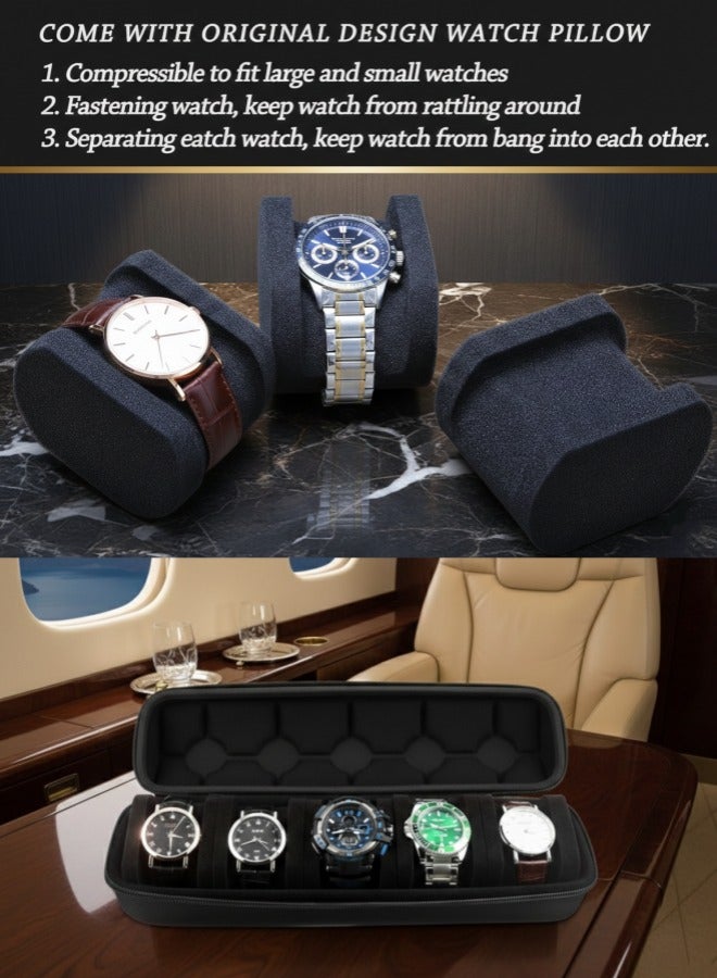 يمي حقيبة سفر لحفظ 5 ساعات - صندوق منظم صلب مقاوم للماء والصدمات مع وسائد إسفنجية ناعمة، حقيبة تخزين ساعات محمولة بسحاب للرجال والنساء، تناسب ساعات يصل قطرها إلى 60 مم (أسود) - Image 2